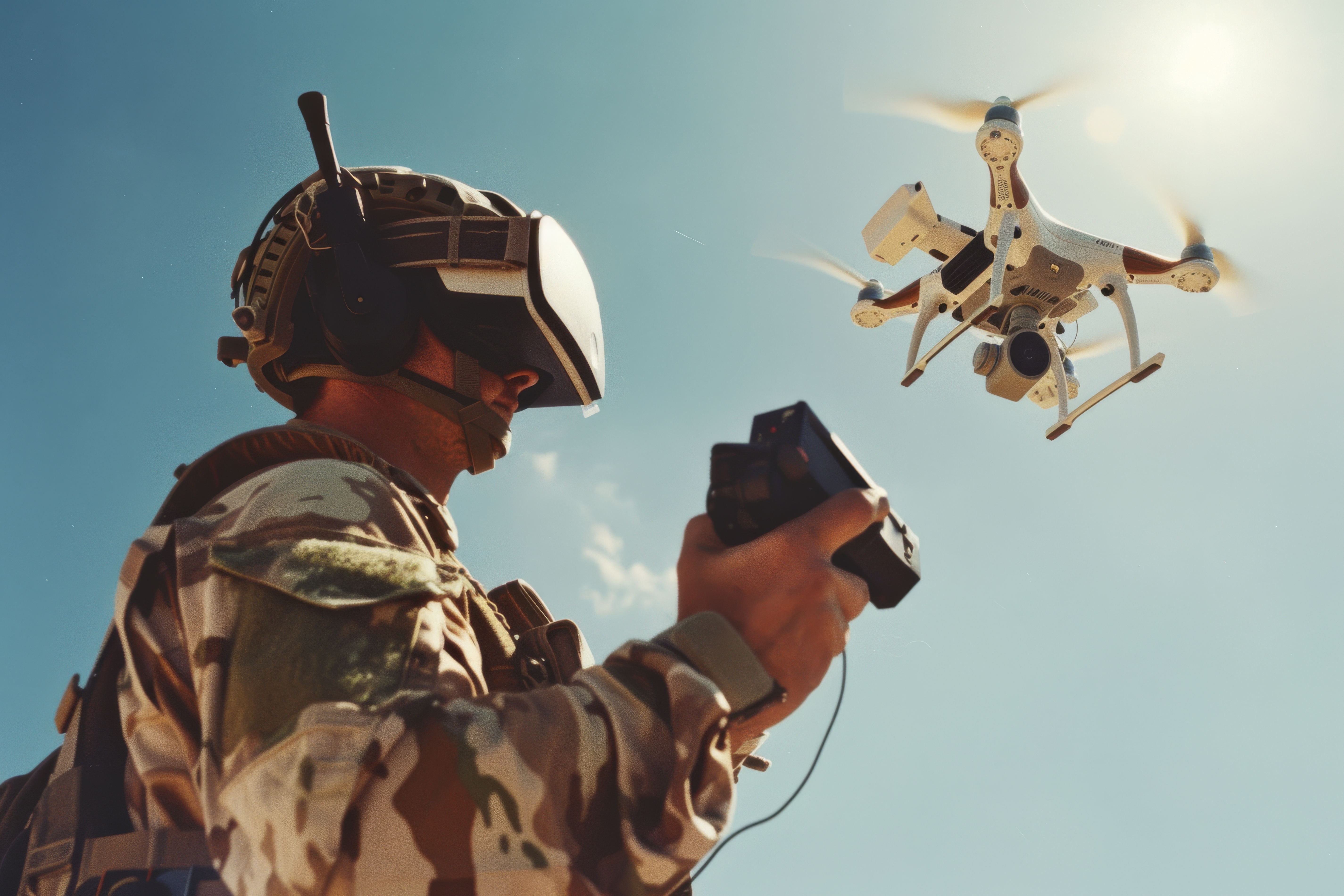 A soldier in camouflage operates a remote control to fly a drone against a clear blue sky, capturing a scene of modern military technology and surveillance.